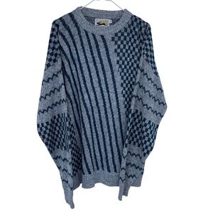 Vintage 80s Le Tigre Knit Crewneck Sweater Gray‎ Blue Geometric USA Made XL Tall